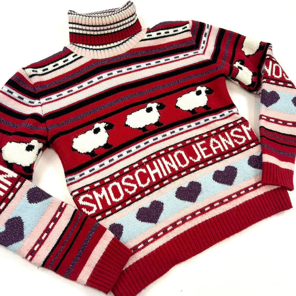 y2k Moschino red striped turtleneck sweater, sheeps, hearts - Picture 2 of 7